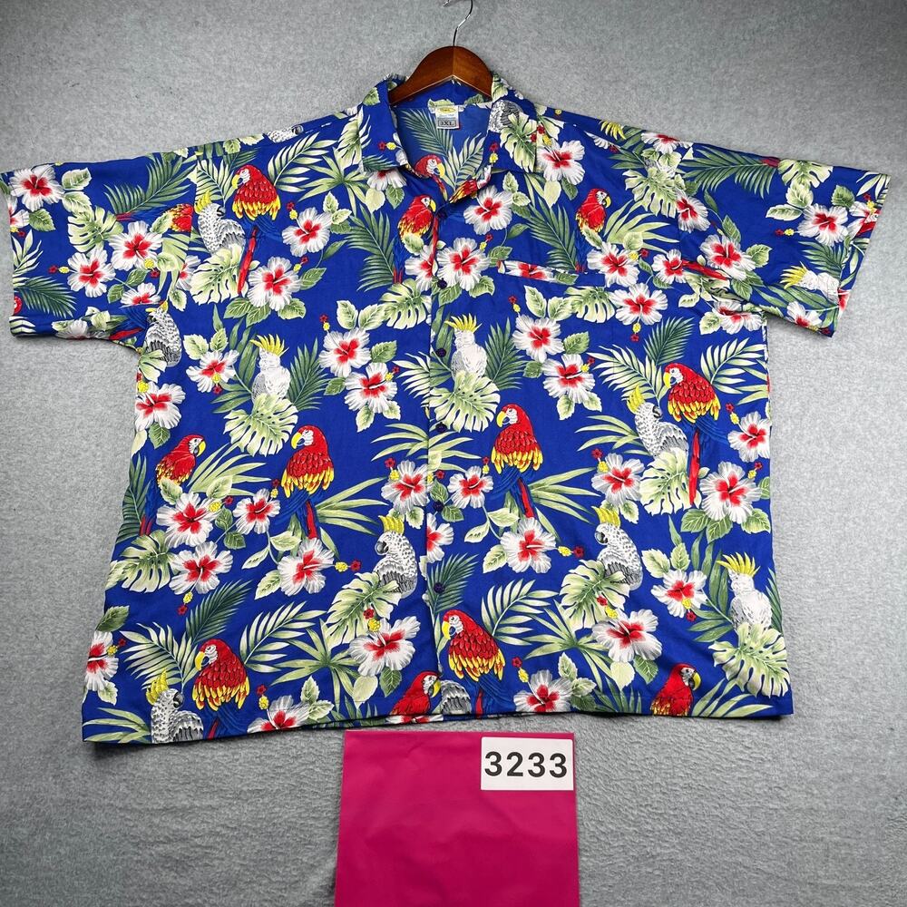 Rima Tropical Floral Parrot Print Shirt Beach Casual Button Up Short Sleeve 3XL